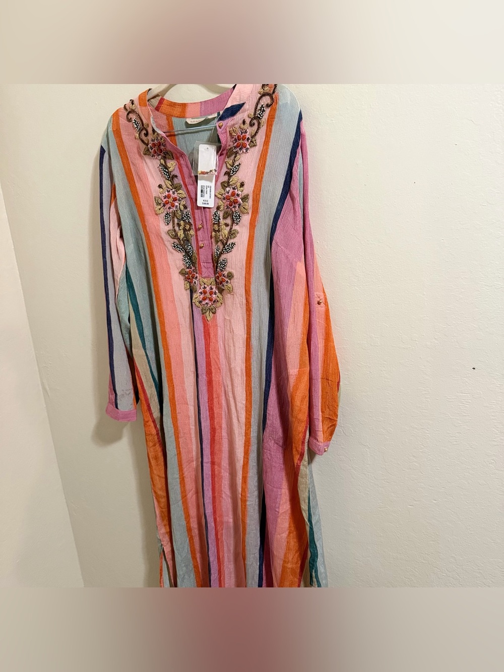 Soft Surroundings Aruba Striped Embroidered Gauze Caftan Maxi Dress M NWT - Picture 12 of 15